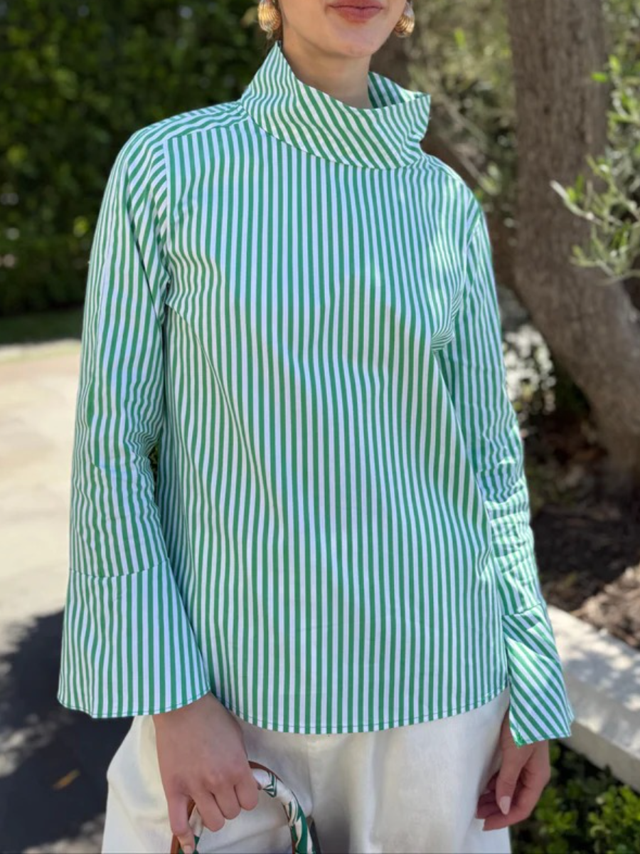 Pre-Fall Green Striped Button Blouse