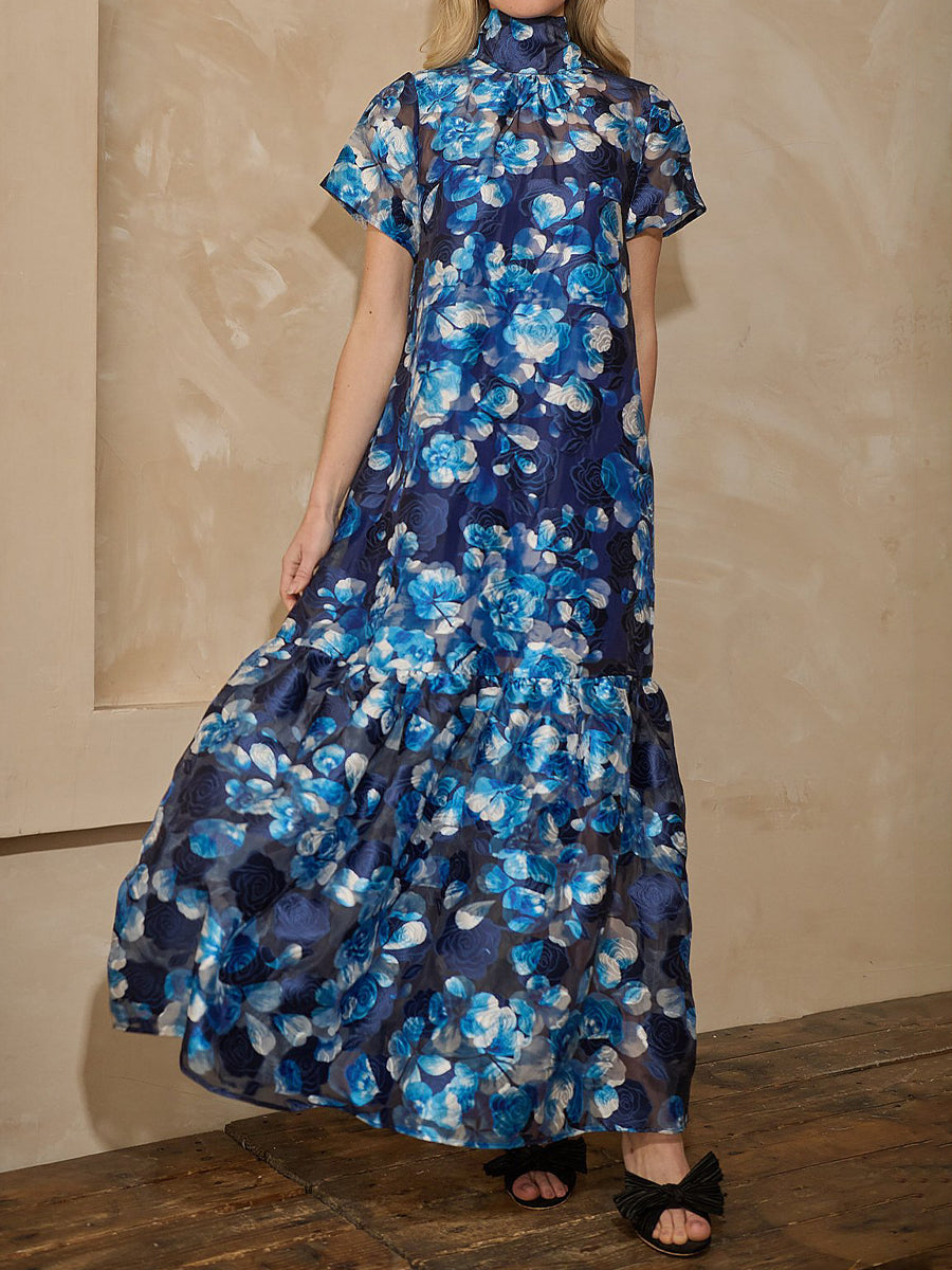 Floral Jacquard Mock Neck Tiered Hem Maxi Dress