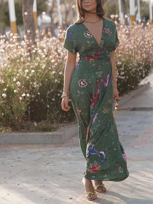 Forest Green Floral And Bird Printed Maxi Dress