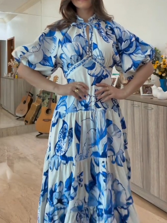 Summer Blue Lotus Printed Maxi Dress