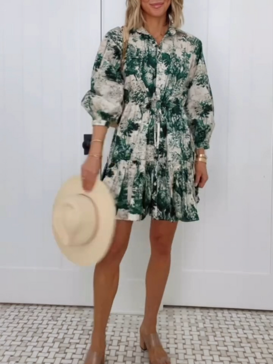 Vibrant Floral Print Dress with Drawstring Waist and Ruffle Hem