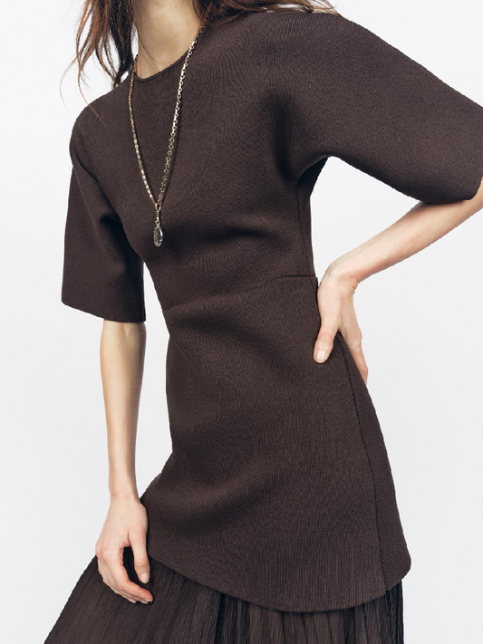 Brown Pleated Knit Maxi Dress