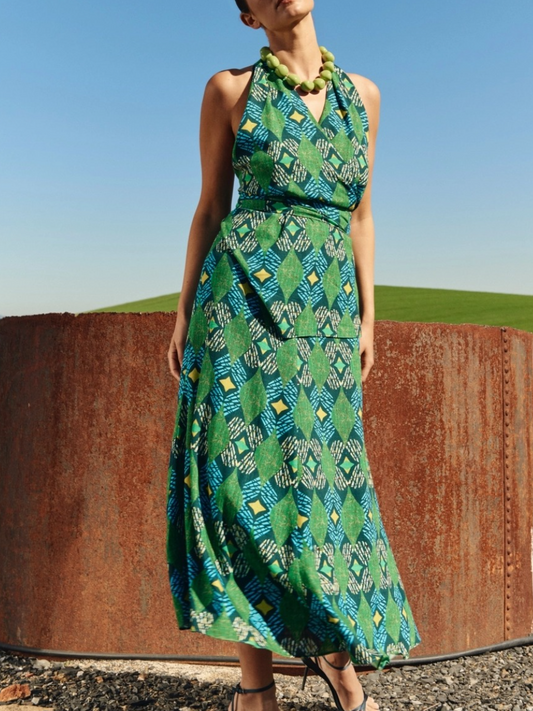 GREEN AND TURQUOISE GEOMETRIC FLARED SET