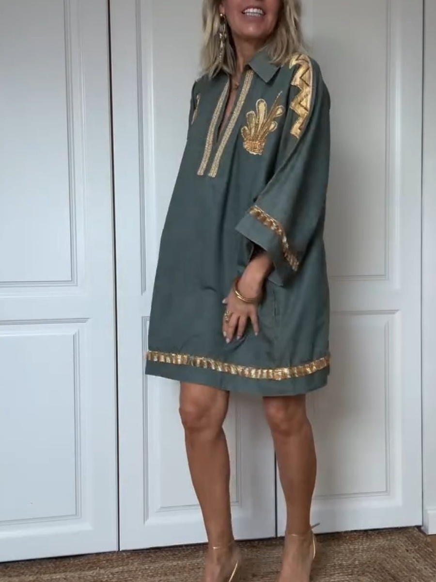 Summer Gold Leaf Embroidered Mini Dress