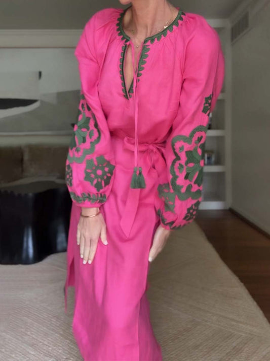 Embroidered Tassel V Neck Dress