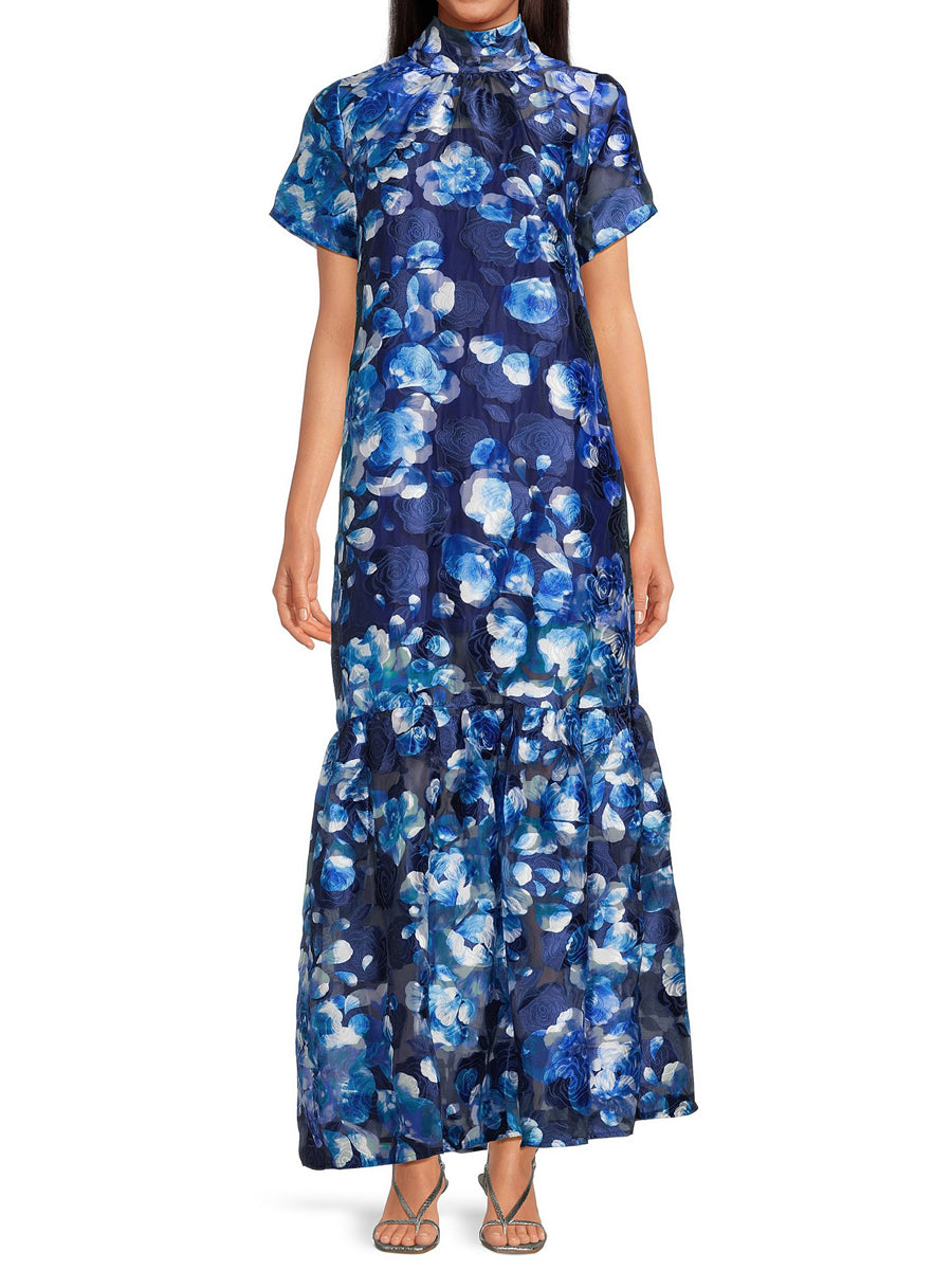Floral Jacquard Mock Neck Tiered Hem Maxi Dress