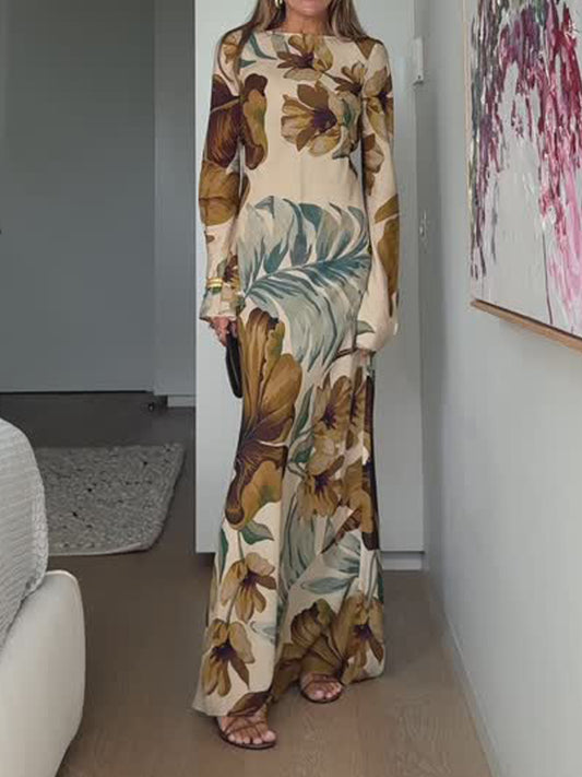 Open Back Printed Long Sleeve Maxi Dress