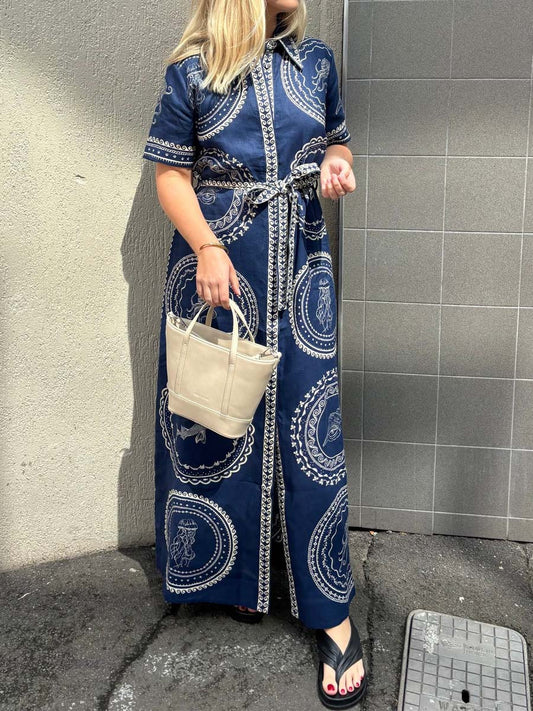 Placement Print Short Sleeve Belted Shirtdress