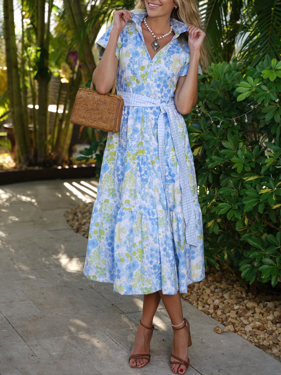 Blue Print Shirt Short Sleeve Midi Dress