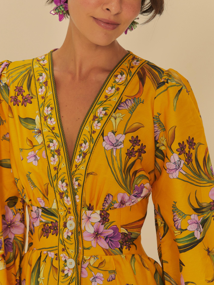 Yellow Flower Bird Sleeves Long Dress