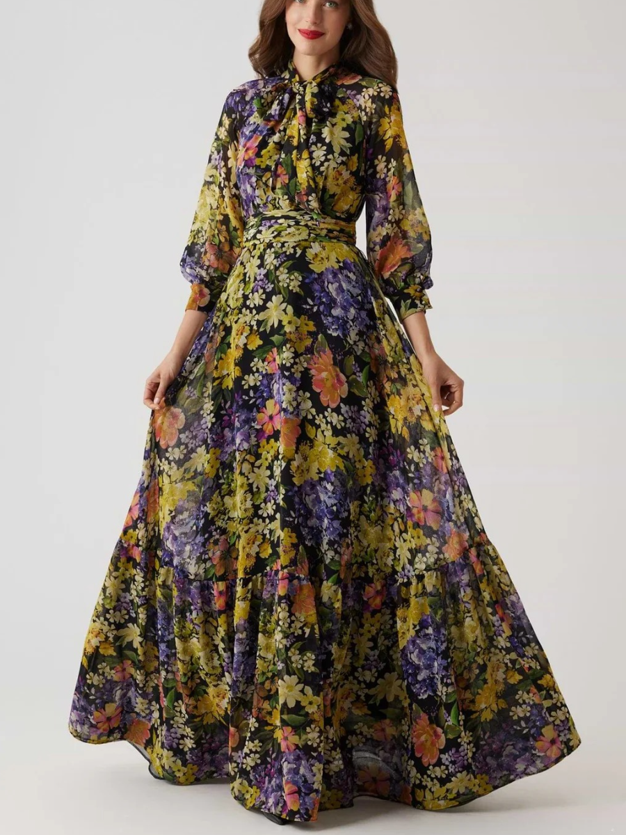 Chiffon Floral Print Tie Neck Gown