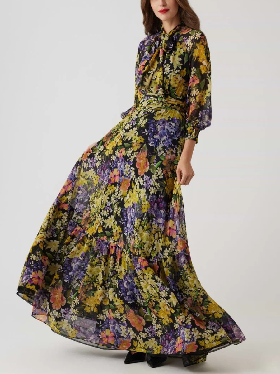 Chiffon Floral Print Tie Neck Gown