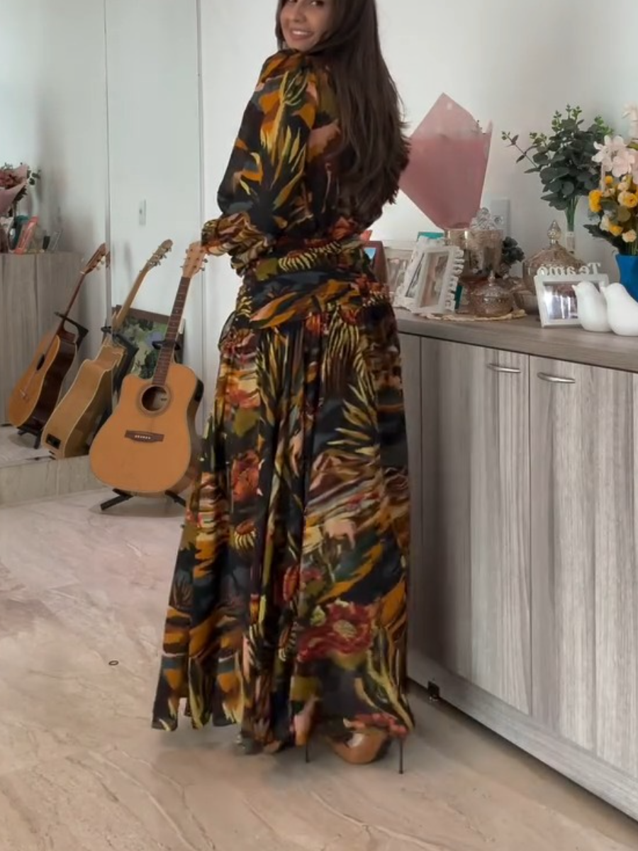 Summer Elegant Floral Print Long Sleeve Maxi Dress
