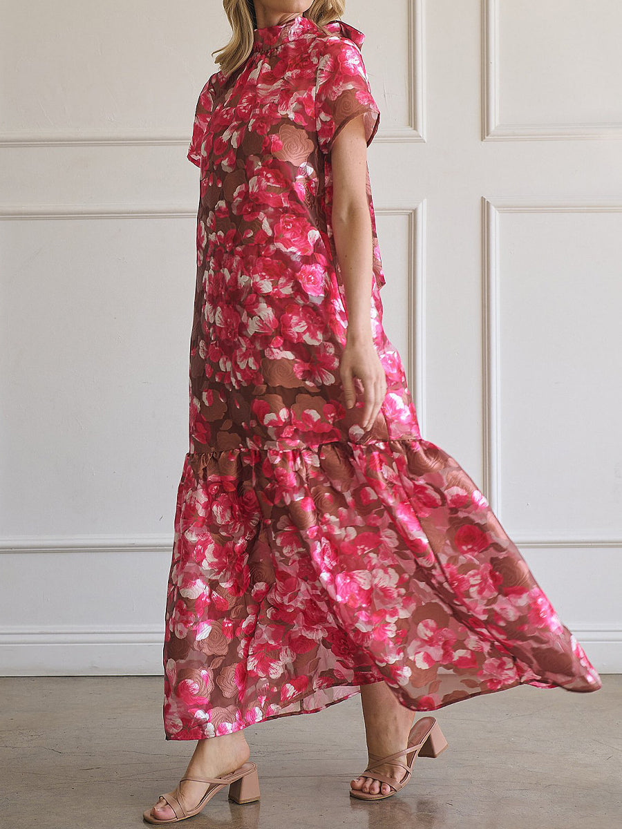 Floral Jacquard Mock Neck Tiered Hem Maxi Dress