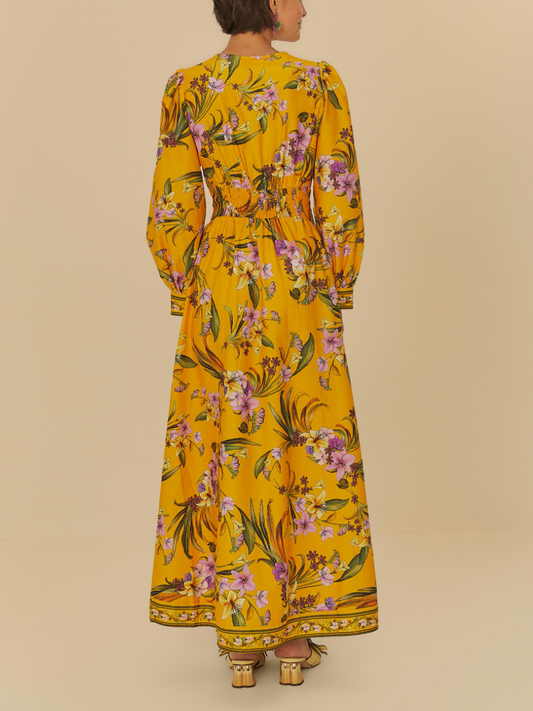 Yellow Flower Bird Sleeves Long Dress
