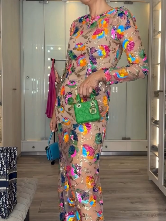 Multicoloured Floral Sheer Sequin Dress