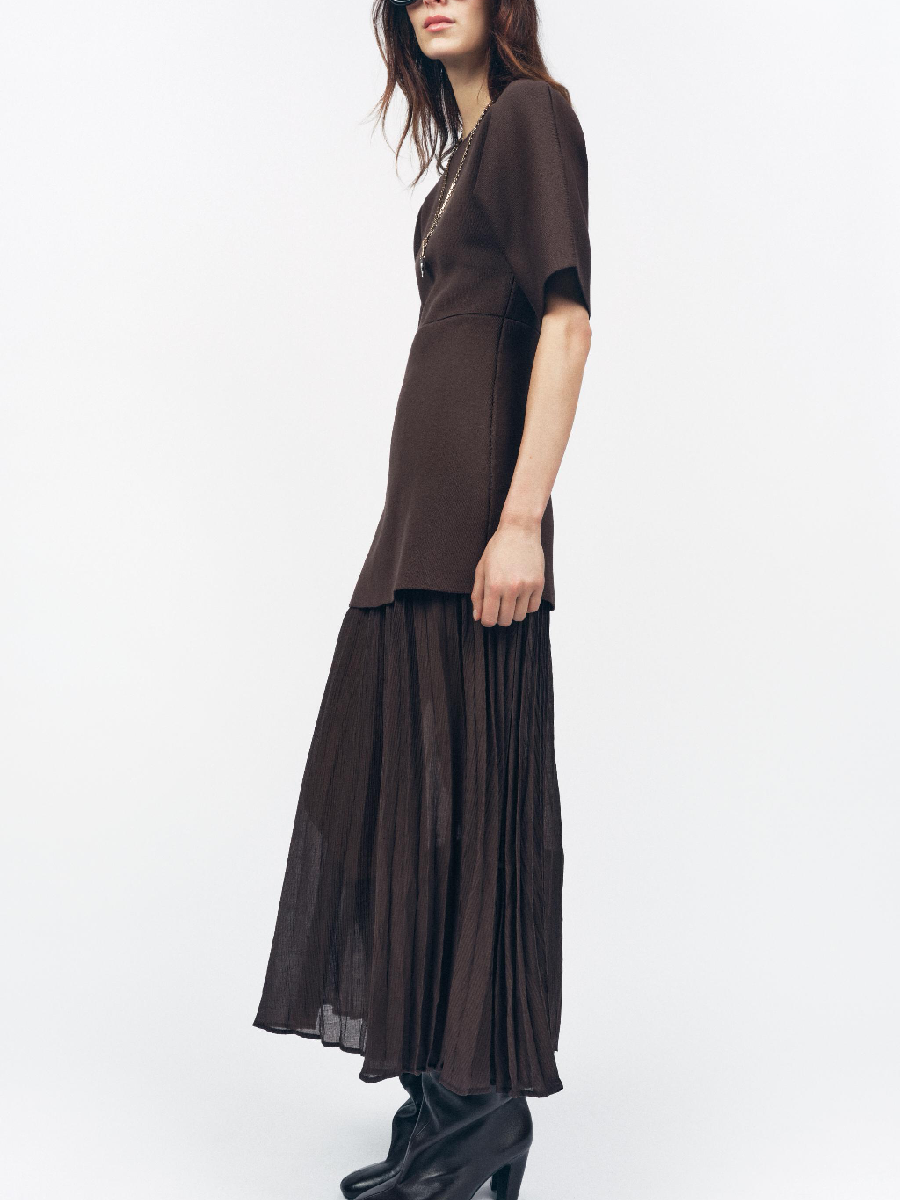 Brown Pleated Knit Maxi Dress