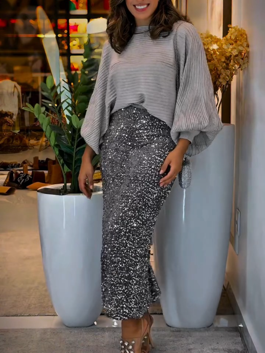 Long-Sleeve Loose Sequin Two-Piece Dress