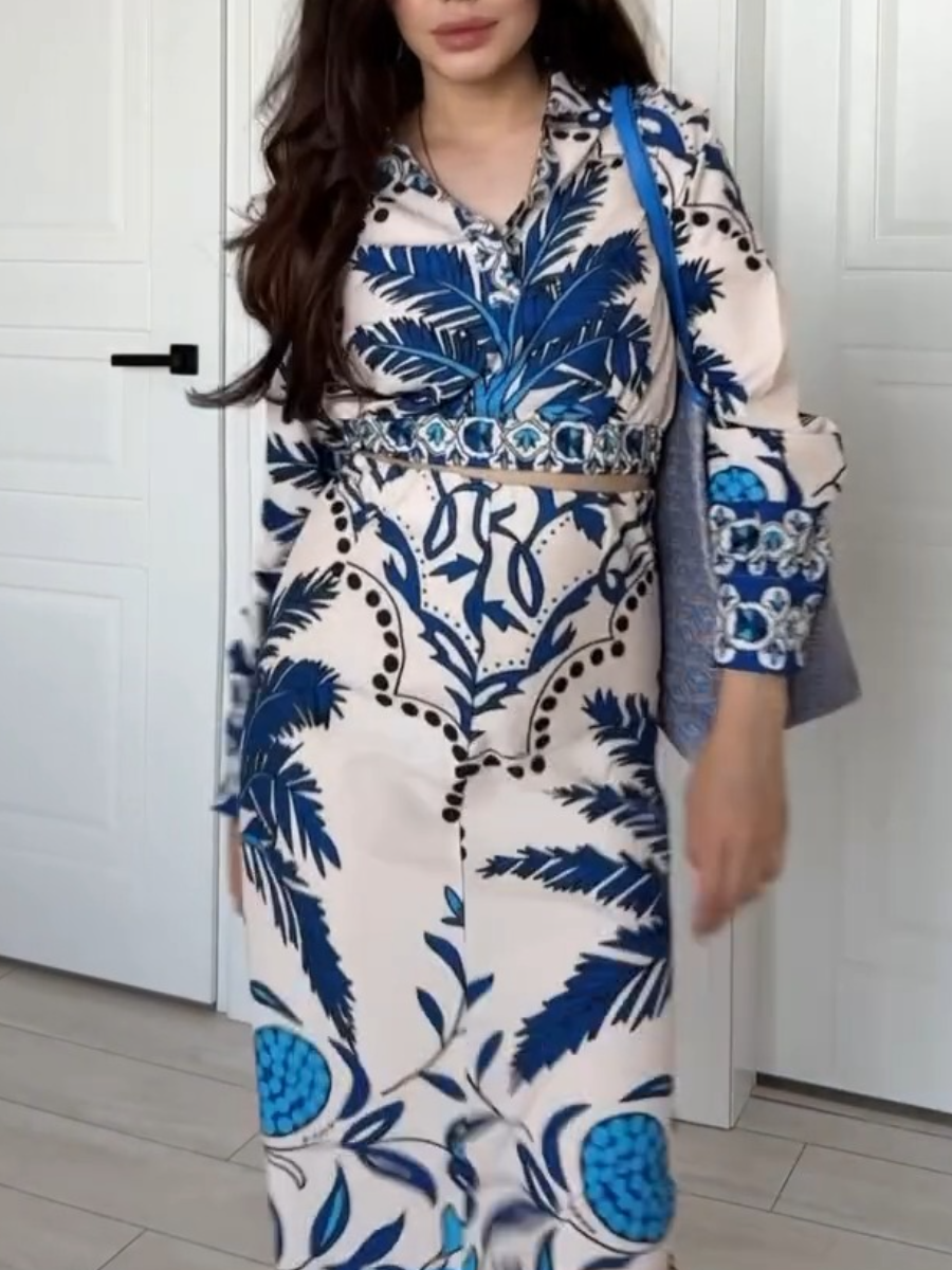 Blue Palm Tree Printed Long Sleeve Dress
