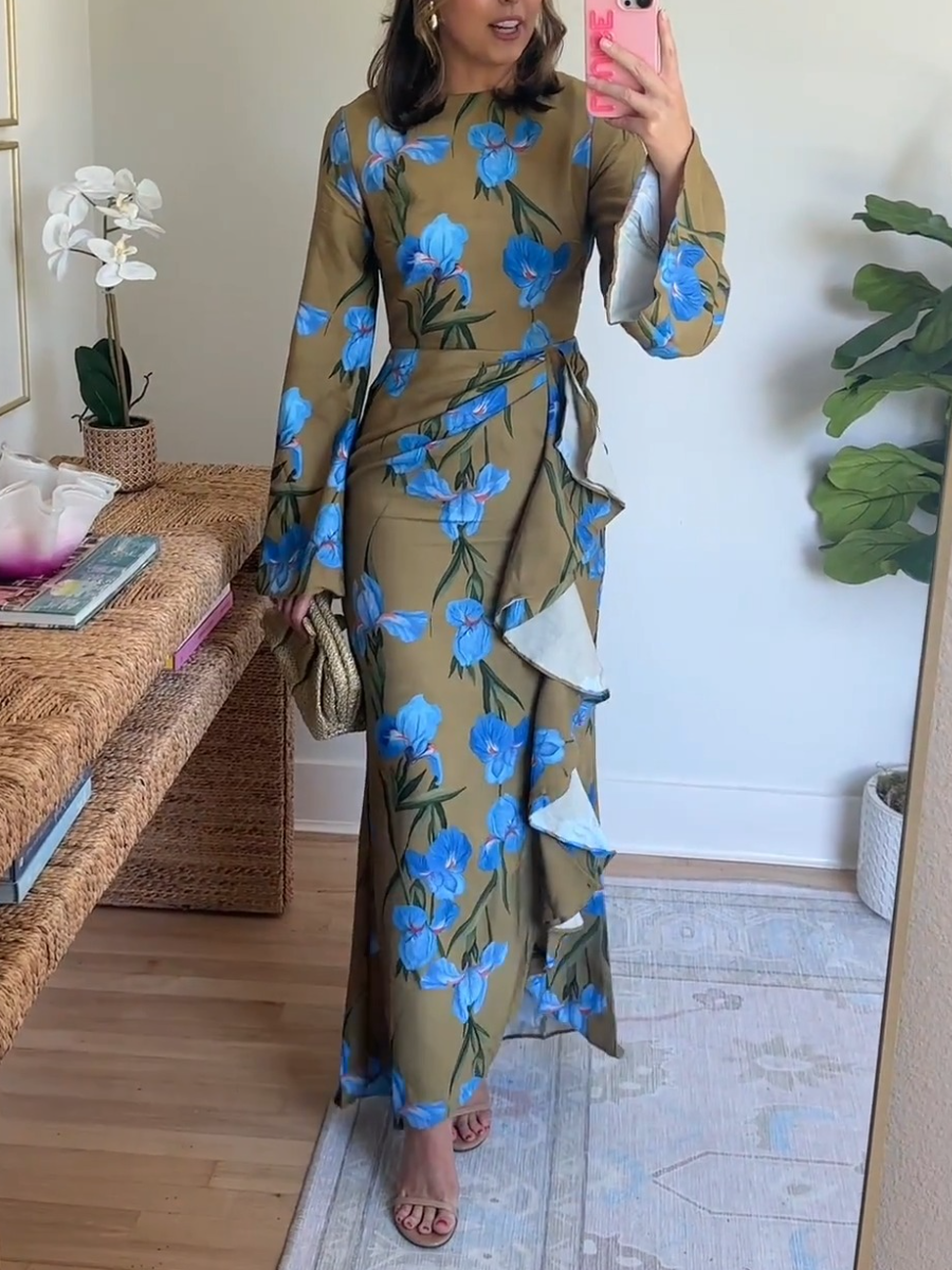 Long Sleeve Maxi Dress With Oversize Floral Print Ruffled Skirt