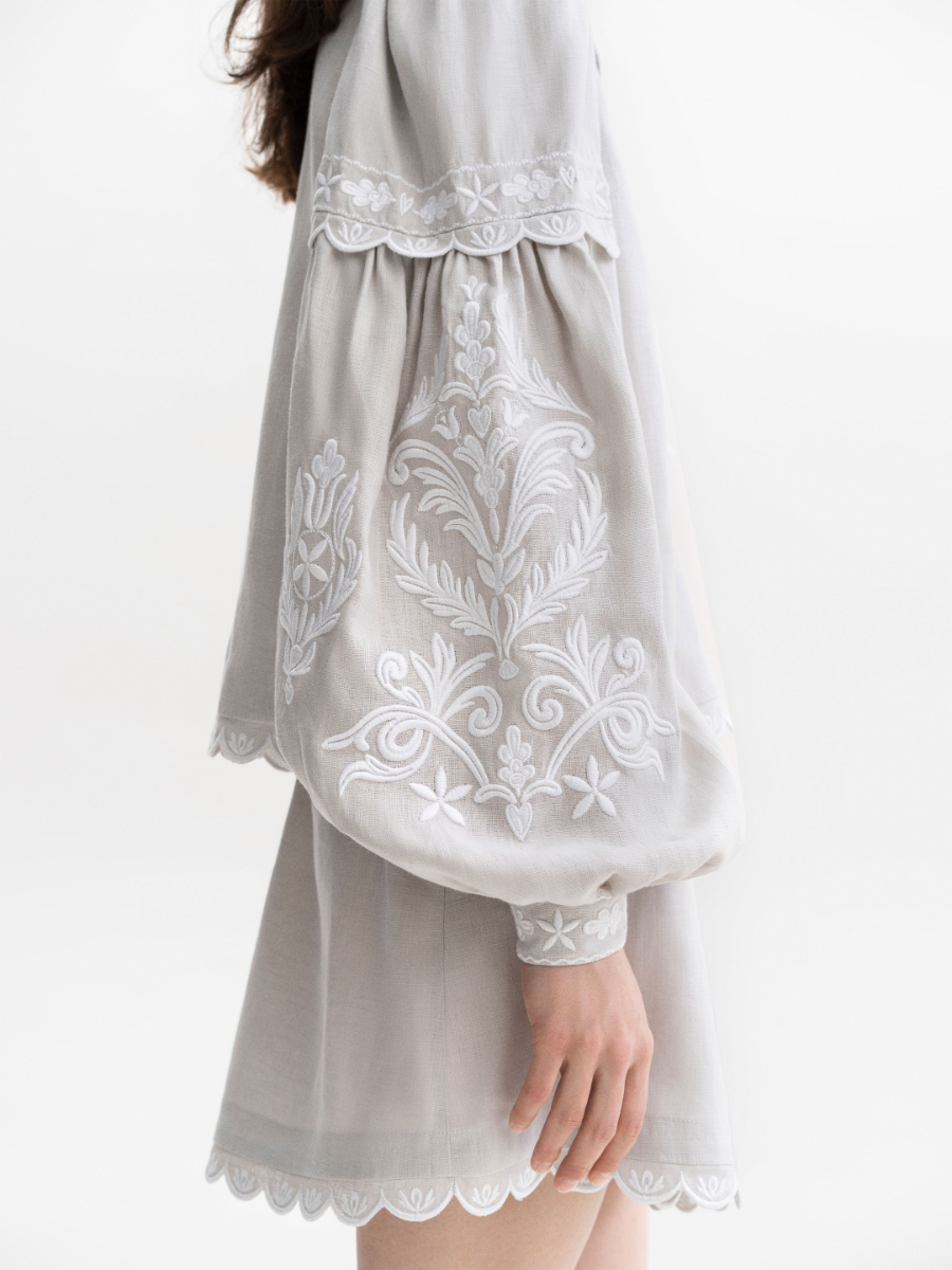 Gray Linen Blouse With White Embroidery