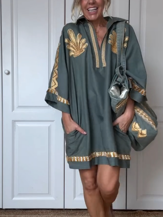 Summer Gold Leaf Embroidered Mini Dress