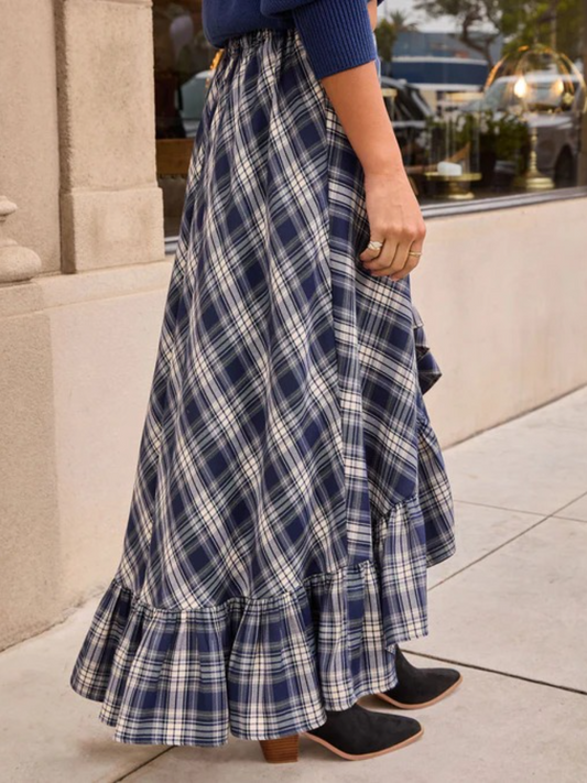 Open Plaid High Low Midi Skirt