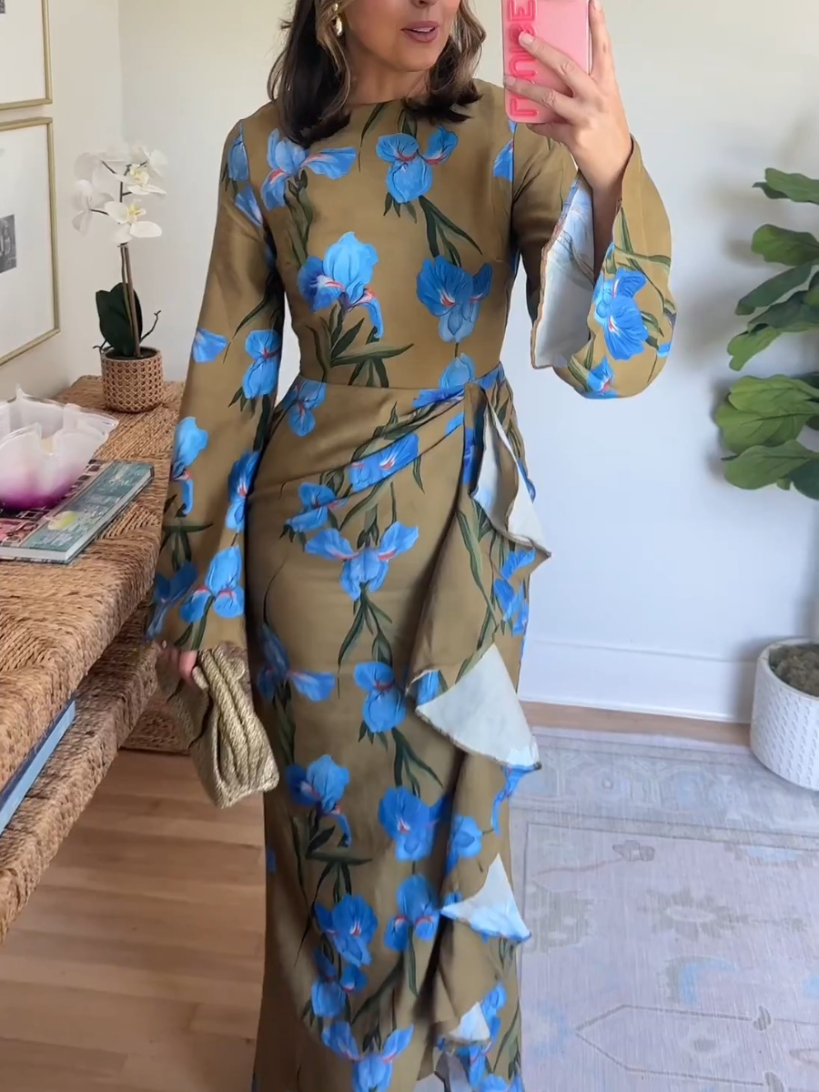 Long Sleeve Maxi Dress With Oversize Floral Print Ruffled Skirt