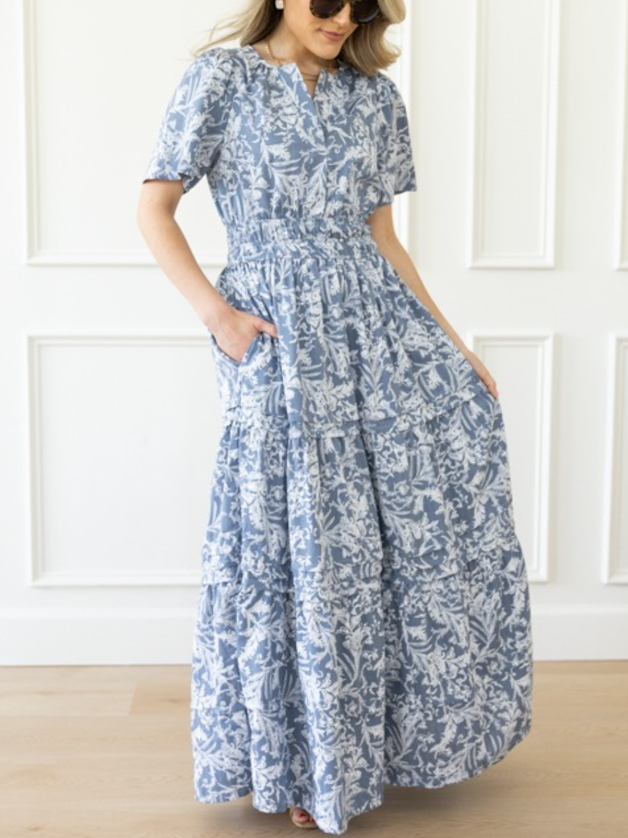 Blue Grey Floral Meadow Maxi Dress