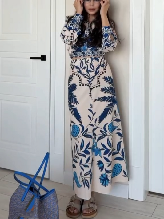 Blue Palm Tree Printed Long Sleeve Dress