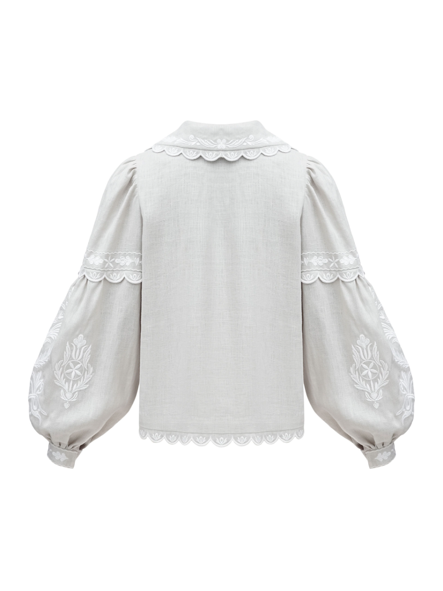 Gray Linen Blouse With White Embroidery