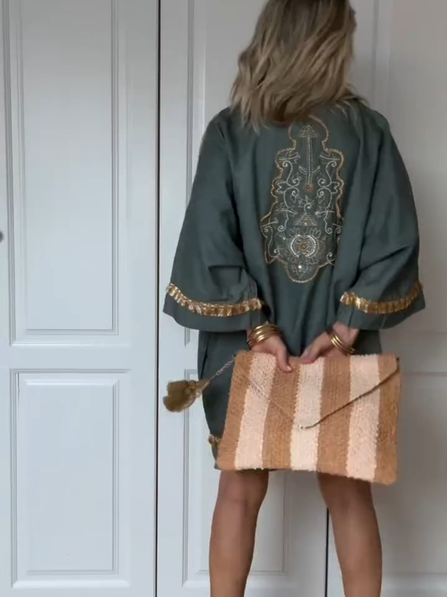 Summer Gold Leaf Embroidered Mini Dress