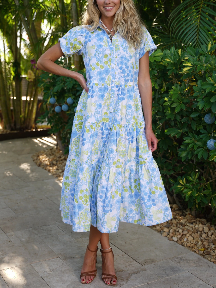 Blue Print Shirt Short Sleeve Midi Dress