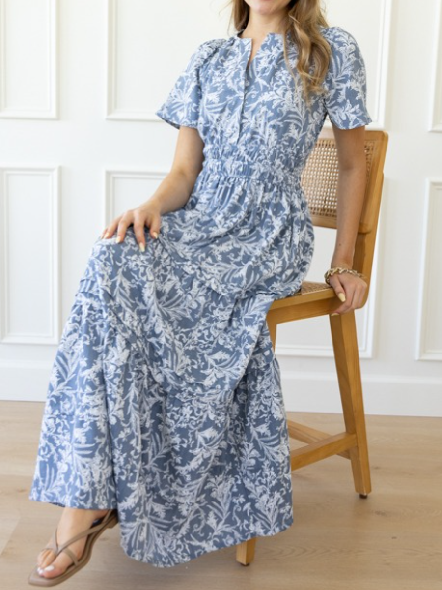 Blue Grey Floral Meadow Maxi Dress