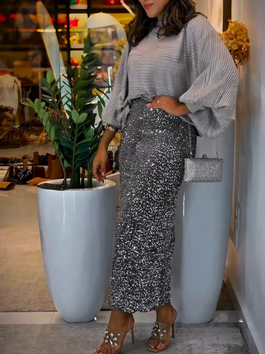 Long-Sleeve Loose Sequin Two-Piece Dress