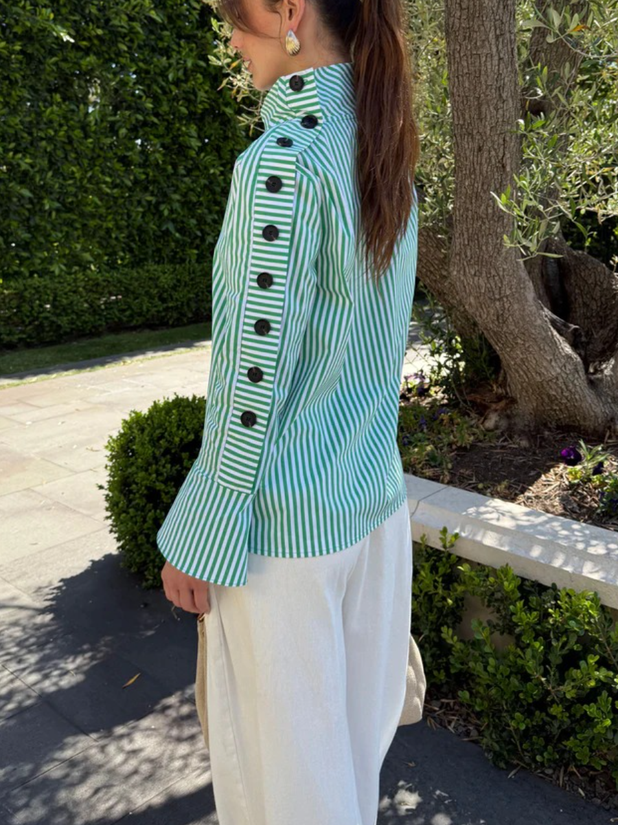 Pre-Fall Green Striped Button Blouse