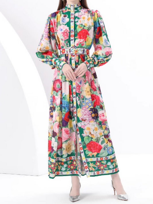 Lantern Sleeve Tight Waist Elegant Printed Dress