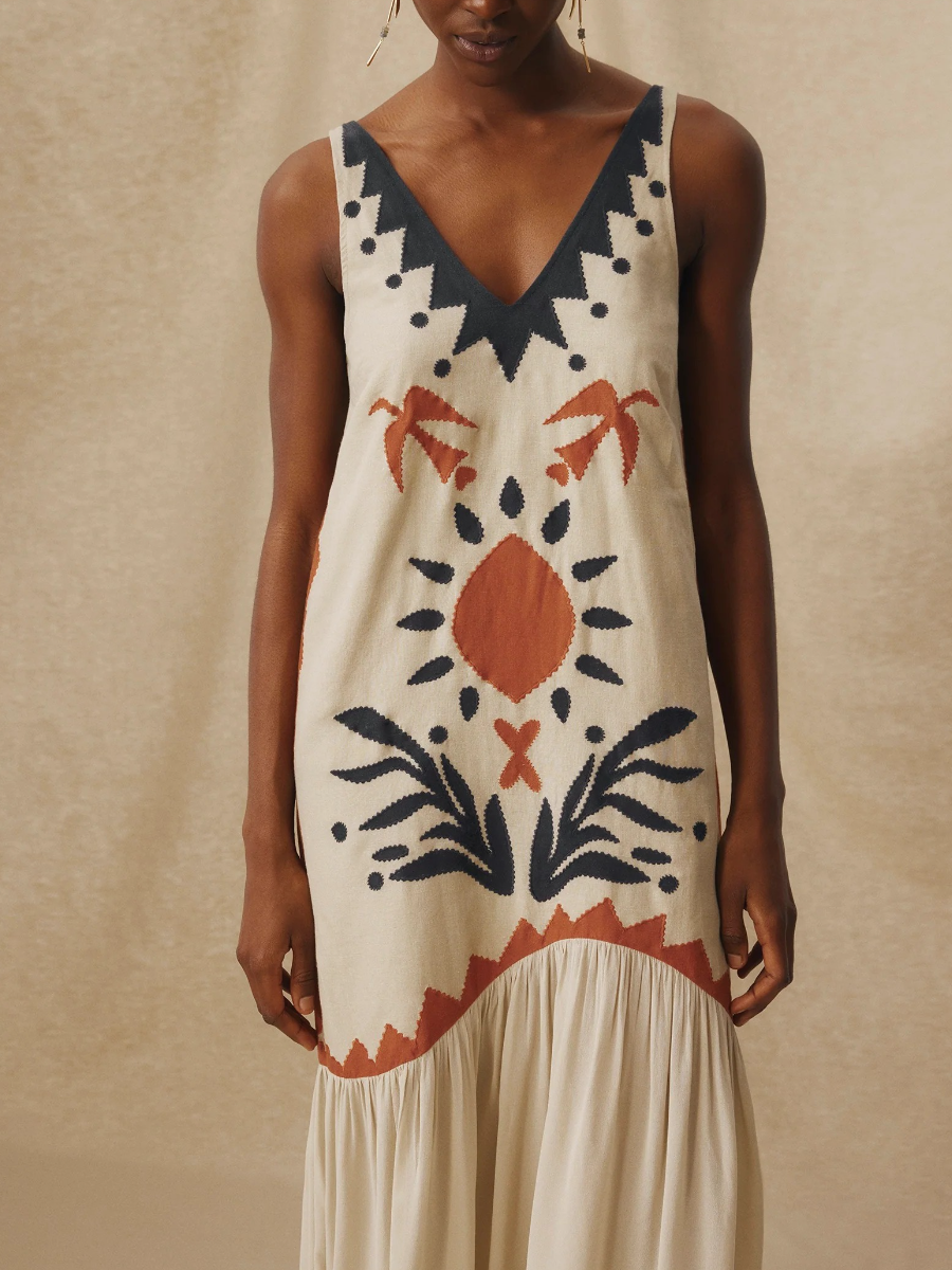 Cotton Linen Embroidered Drop Waist Midi Dress