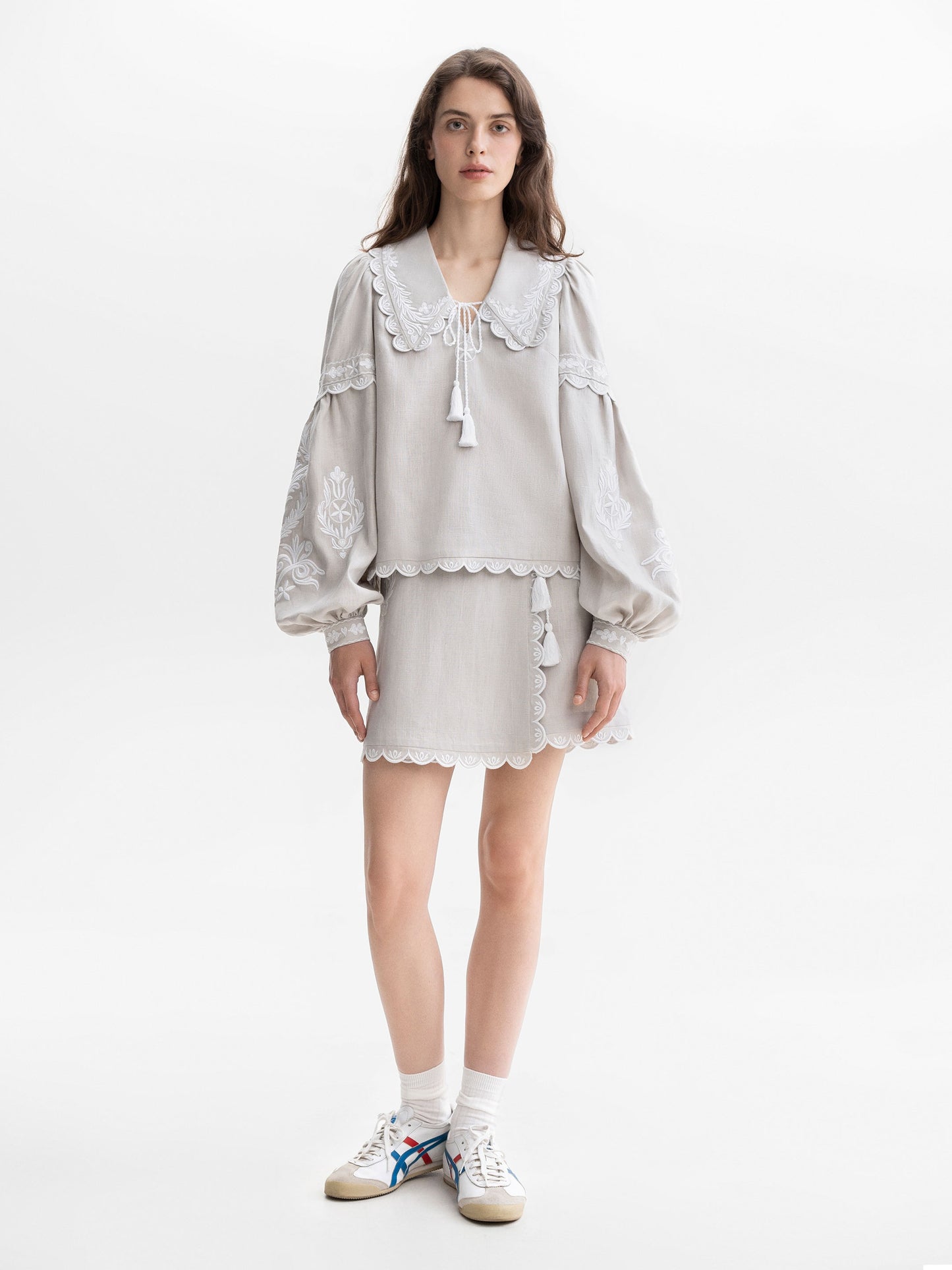 Gray Linen Blouse With White Embroidery