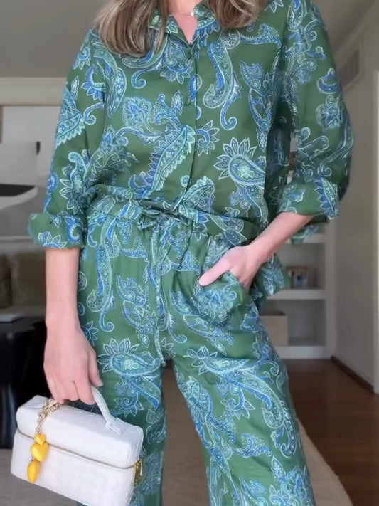 Spring And Summer Blue-green Light Printed Suit