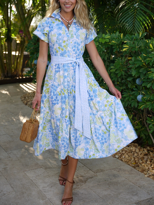 Blue Print Shirt Short Sleeve Midi Dress