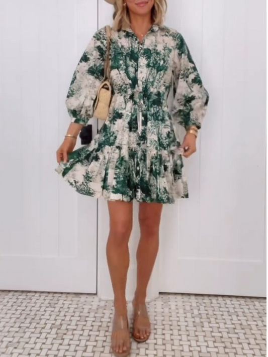 Vibrant Floral Print Dress with Drawstring Waist and Ruffle Hem