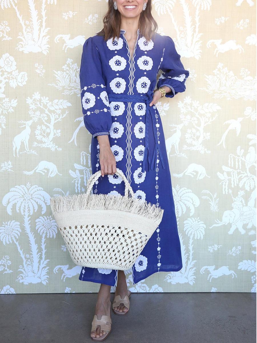 Vintage Printed V-neck Midi Dress