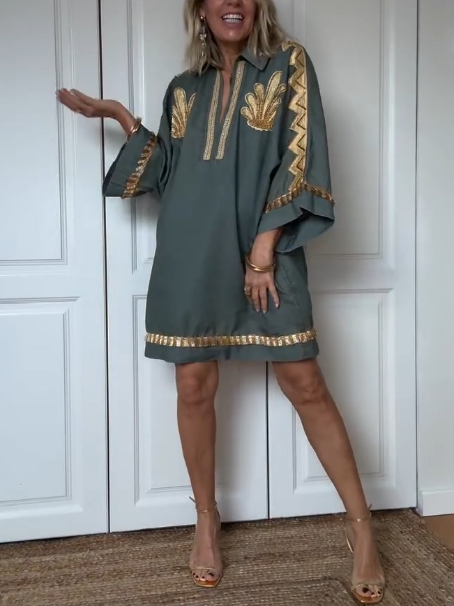 Summer Gold Leaf Embroidered Mini Dress