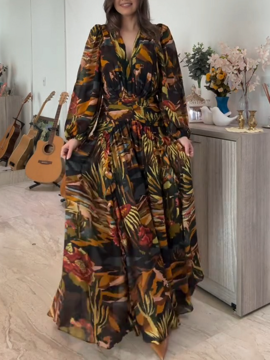 Summer Elegant Floral Print Long Sleeve Maxi Dress