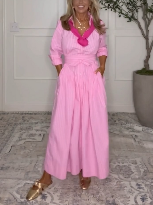 Women's Belted Cotton Maxi Shirtdress With Long Sleeves