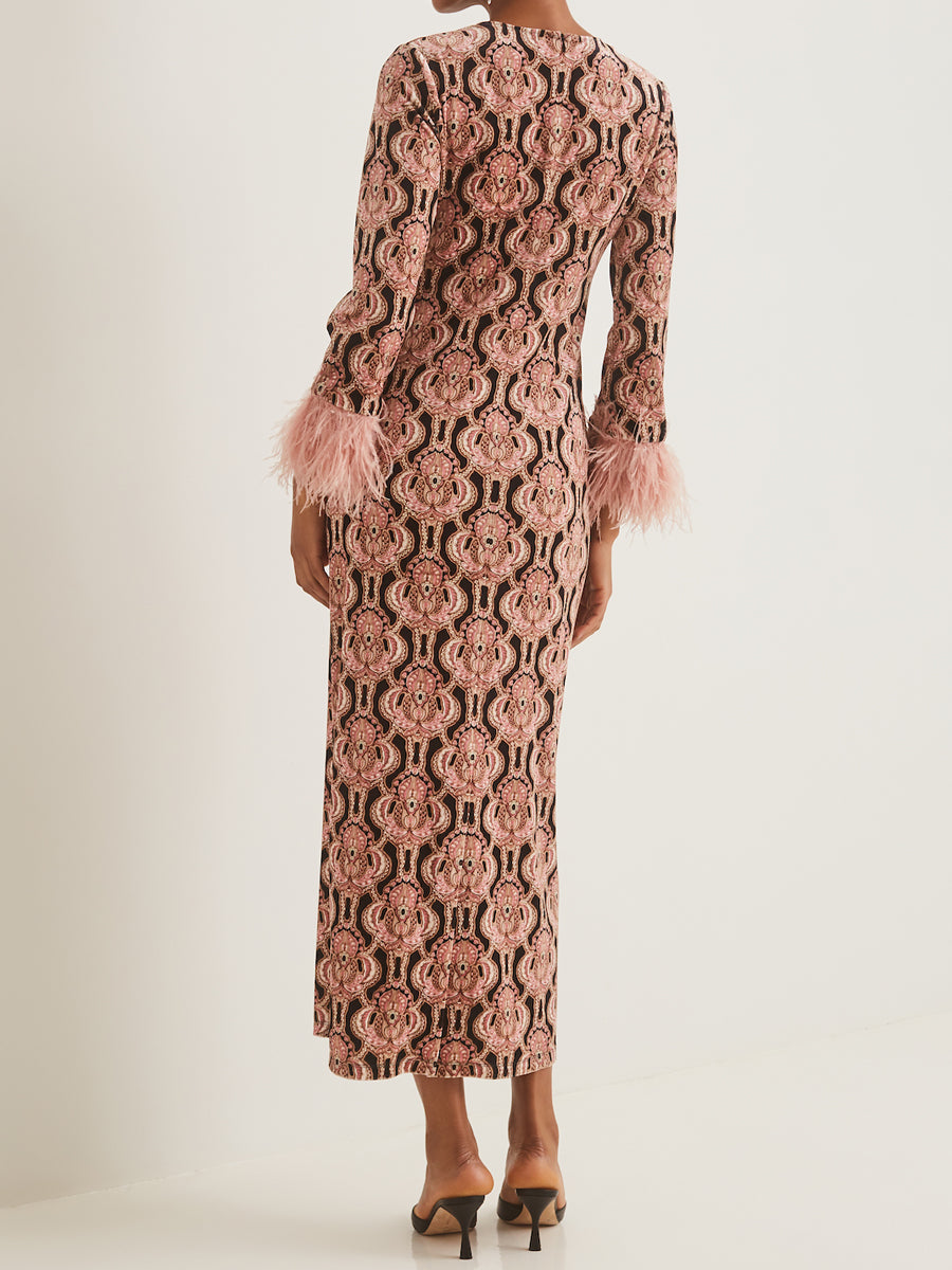 Printed Feathers Sleeve Stretch Maxi Dress