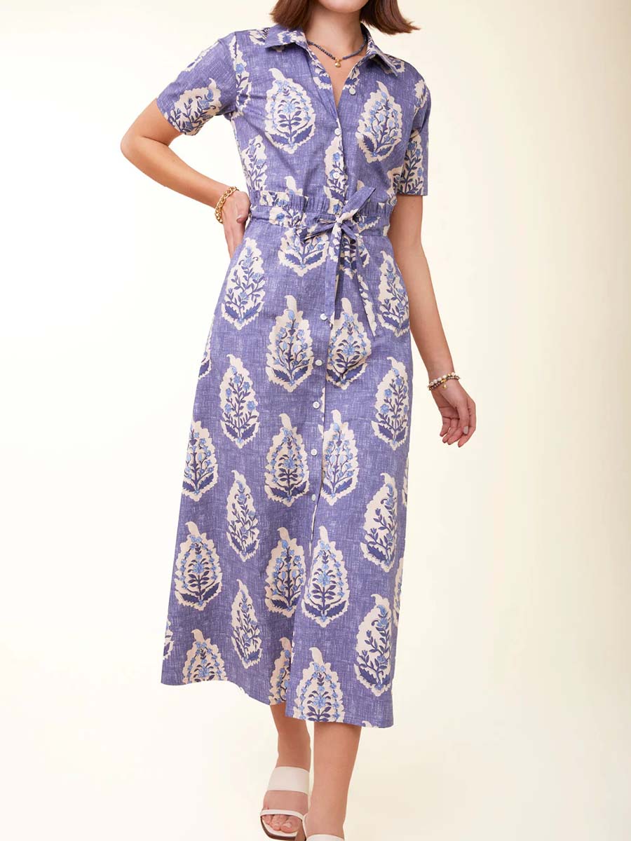 Printed Drawstring Waist Ruffled Dress