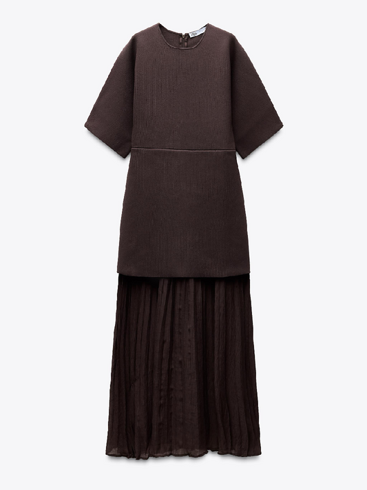 Brown Pleated Knit Maxi Dress