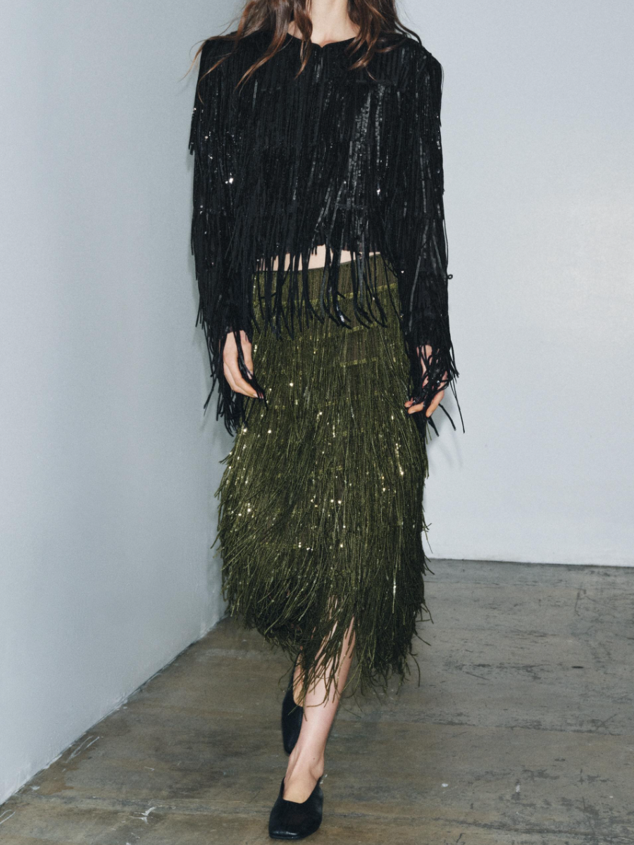 FRINGED SEQUIN SKIRT